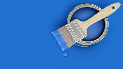 Blaue Farbdose mit Pinsel auf blauem Untergrund