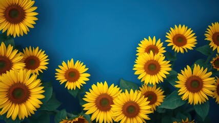 A vibrant arrangement of sunflowers against a bright blue backdrop, showcasing their golden petals and dark centers, creating a cheerful and summery aesthetic.