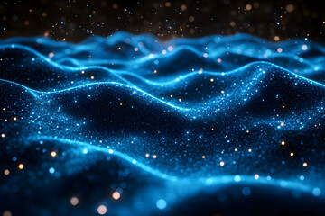 Blue particle wave, dark background, digital art, tech design