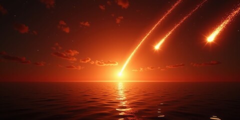 Bright meteors crashing into the ocean at sunset, concept of cosmic impact, end of the world, apocalyptic events, and the devastating power of celestial collisions