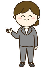にっこり笑顔で案内するパンツスーツの女性のシンプルイラスト