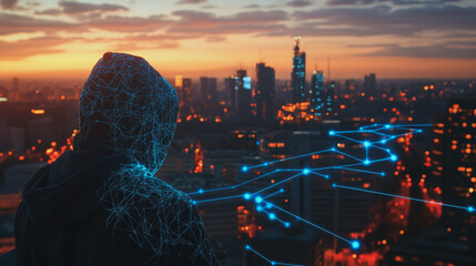 Fototapeta premium Hacker are planning to hack and attack networks and cyber security systems. Smart digital city with connection cyber security network reciprocity over the cityscape .