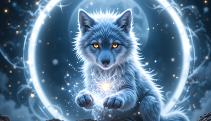 Obraz premium Magical white wolf pup with glowing orb.