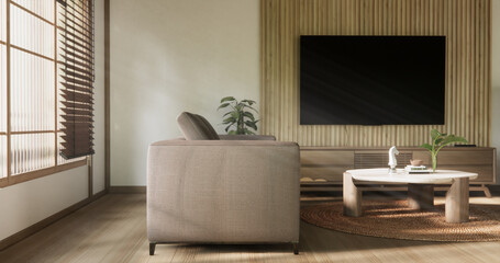 Scene living room have sofa and decoration wooden japanese  minimalist design.