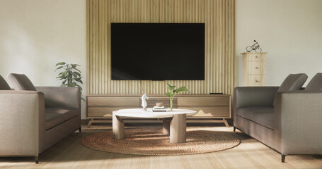 Scene living room have sofa and decoration wooden japanese  minimalist design.