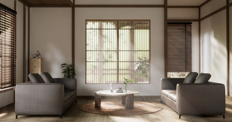 Scene living room have sofa and decoration wooden japanese  minimalist design.