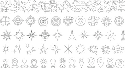 Fototapeta premium outline icon of arrow, target, compass symbol, star, direction pointer, location icon, navigation designs vector in hand drawn style
