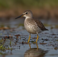  Wood sandpiper Tringa glareola bird rain water in pond wetland wading shorebirds waders young nature wildlife cute darling, beautiful animal, lovely animal, ornithology, fauna wildlife ... AI image g