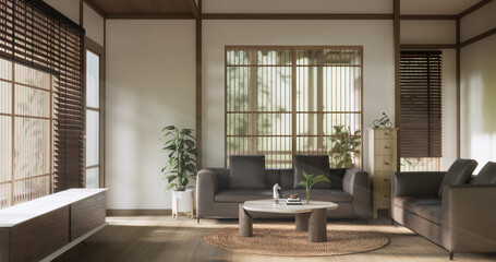 Scene living room have sofa and decoration wooden japanese  minimalist design.