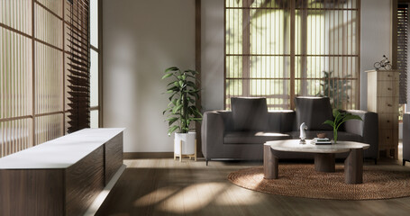 Scene living room have sofa and decoration wooden japanese  minimalist design.