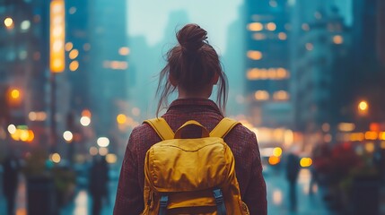 Obraz premium Exploring city landscapes a woman with a backpack in urban rain