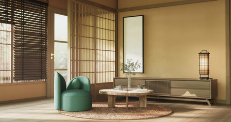 Mocha concept Scene living room have green sofa and decoration wooden minimalist design, room japanese style.