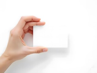 Obraz premium A Woman's Hand Holding a Blank White Card Against a White Background