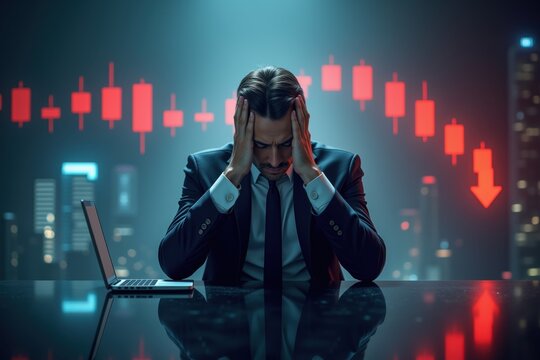 Frustrated businessman with laptop facing financial loss, red stock market candlestick chart in background, symbolizing market crash, economic recession, and crisis