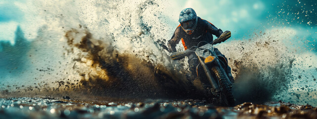 Rider skillfully navigates through mud and water, creating dynamic splashes in an intense racing scenario