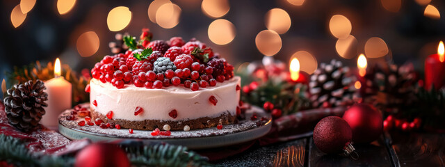 Festive berry cake surrounded by Christmas ornaments and candles for a warm holiday celebration