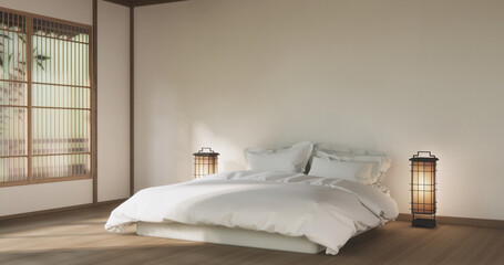 Bedroom minimal style. Modern white wall and wooden floor, room minimalist.