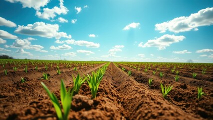 Rows of young plants growing in a field under a bright blue sky with fluffy white clouds.