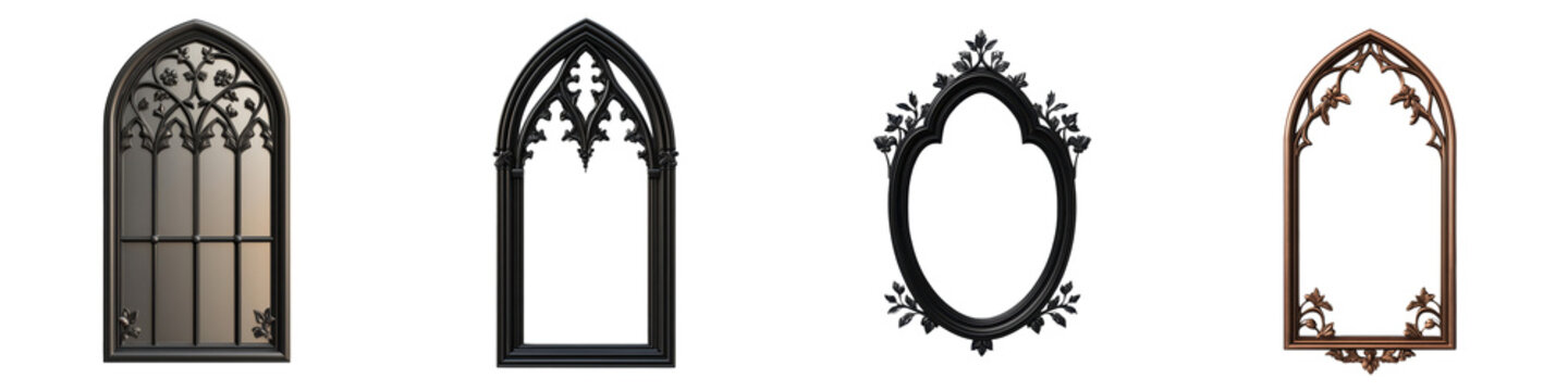 Collection of gothic arched window frames with intricate ornate designs and patterns in a vintage historic and atmospheric architectural setting  The windows feature elements of medieval cathedral