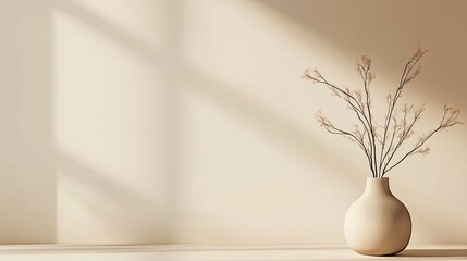 Serene Minimalist Still Life: Beige Vase with Dried Branches