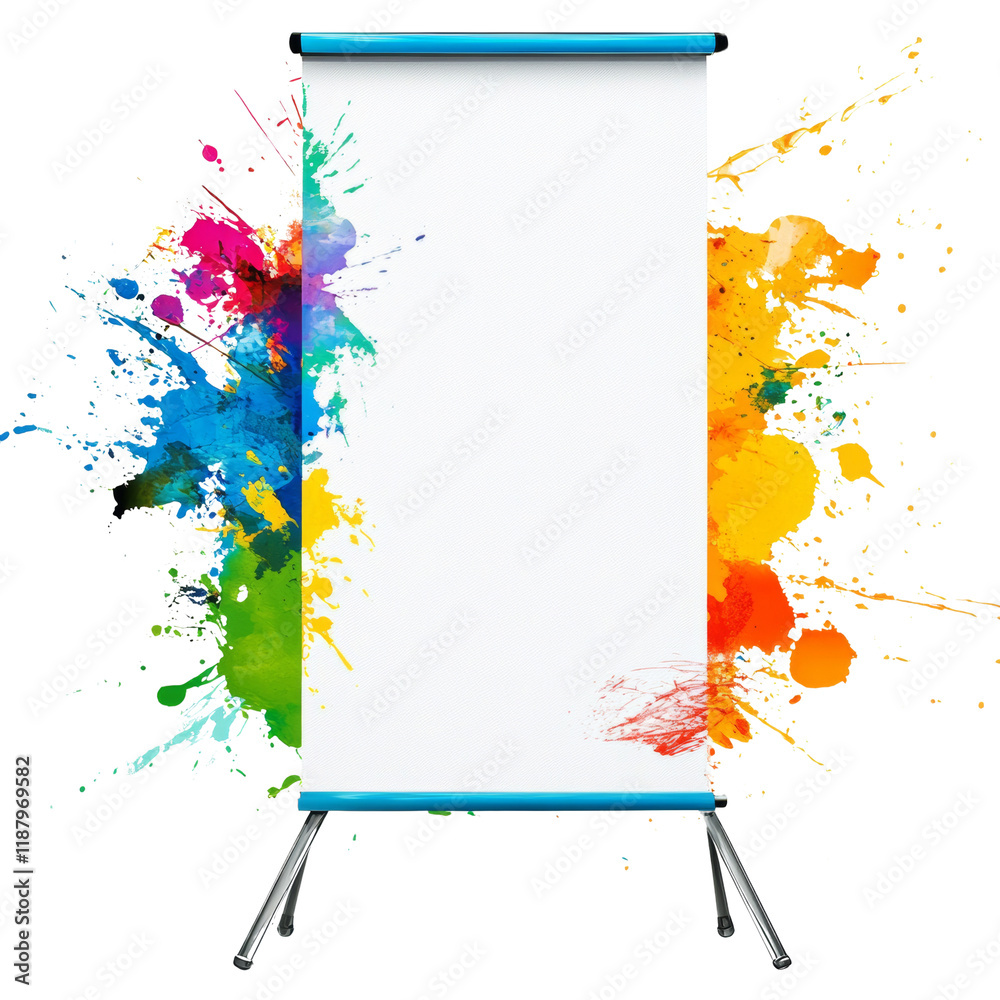 Aufkleber a blank white roll up banner is showcased against a backdrop of colorful paint splatters ideal for a