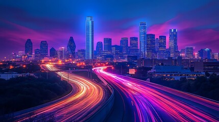 Fototapeta premium Vibrant city lights at dusk houston texas urban landscape photography