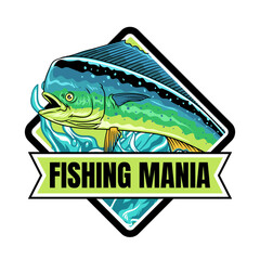 Mahi-mahi Fishing Mania Logo in Colorful Vector Cartoon Illustration for sticker badge emblem t-shirt banner invitation