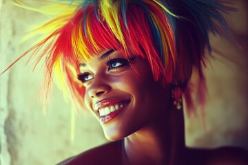Obraz premium Gorgeous smiling mixed-race girl - for ads, marketing material and digital marketing use. Short hairdo - multicolored hair. Commercial promotion conceptual art. African american hair campaigns.