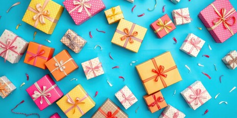 A Festive Display of Wrapped Gifts with Colorful Ribbons and Confetti on a Vibrant Blue Background