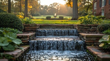 Obraz premium Serene garden waterfall at sunrise.