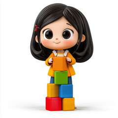 Adorable girl builds colorful block tower, joyful expression, bright background. 