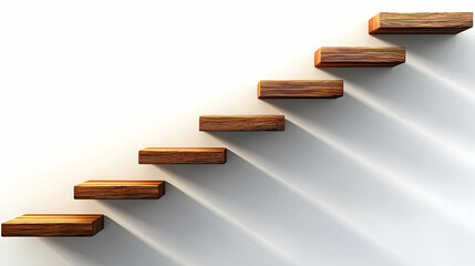 Wooden steps ascending against white wall, shadow, growth concept, business presentation