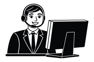 A customer support agent in cheerful expression vector style silhouette.eps
