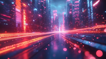 Futuristic cityscape neon lights digital art urban environment night view