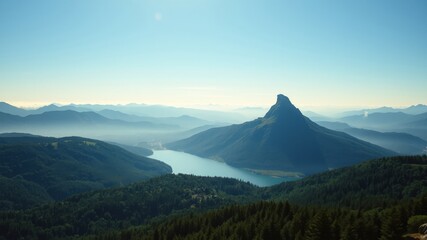 Fototapeta premium A Tranquil Mountain Lake Nestled in the Heart of a Verdant Forest, with a Majestic Peak Rising in the Distance