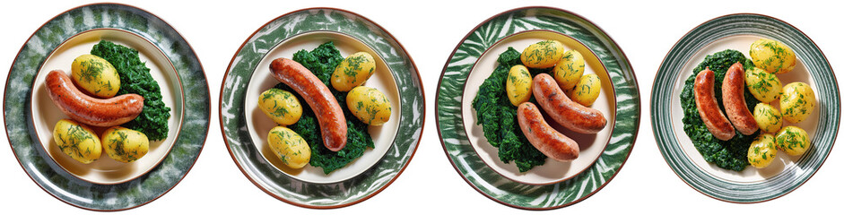 Creamed Spinach with fried sausage and boiled potatoes on a plate, top view