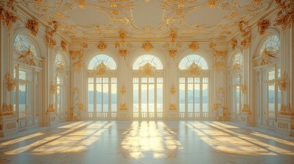 Fototapeta premium Elegant, sunlit ballroom with ornate architecture.