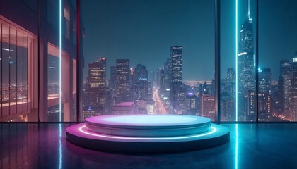 Futuristic product display podium with city view. Concept of technology, innovation, and urban.