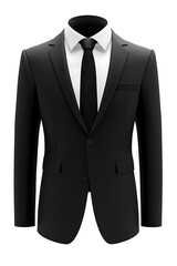 Black suit jacket with black tie mockup isolated on transparent background, Professional business suit, Formal attire, tuxedo suit
