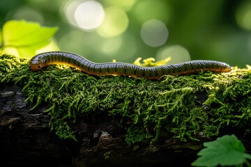 Obraz premium Millipede crawling on mossy log.
