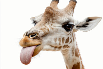 Obraz premium Funny Giraffe Sticking Out Tongue isolated on white background.