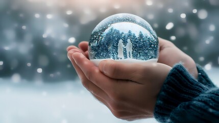 Winter snow globe held in hands, snowy forest scene, Christmas card design