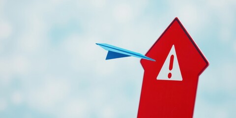 Fototapeta premium A paper airplane narrowly avoids colliding with a warning sign, symbolizing the importance of being aware of potential dangers.