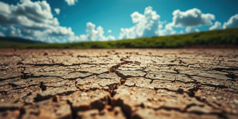 Obraz premium A Close-up View of Parched Earth Cracked by Drought and Sun, Under a Blue Sky with Fluffy Clouds
