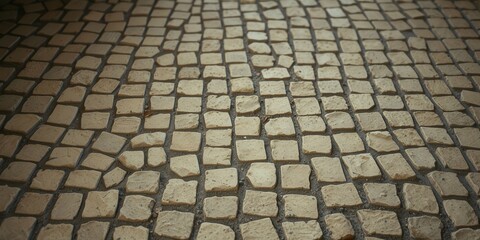 Fototapeta premium A close-up view of a cobblestone pathway, the textured stones showcasing a natural, rustic aesthetic. The subtle variations in color and shape add depth and character to the surface.