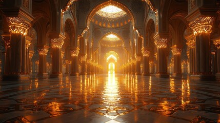 Fototapeta premium Grand hall with glowing arches and reflective floor.