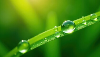Large dewdrop reflecting sunlight on a lush green blade of grass, light, ground