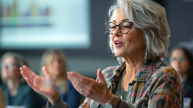 A senior woman participates in a marketing workshop, learning innovative public speaking strategies to promote creative small businesses effectively.