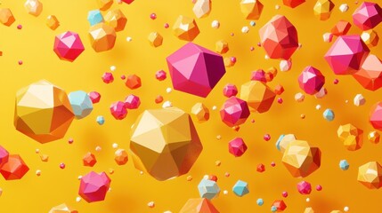 Abstract colorful low poly geometric shapes floating on yellow background.