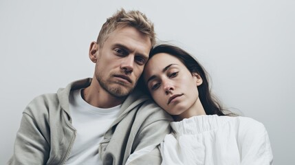 Fototapeta premium Caucasian young couple in casual wear with pensive expressions